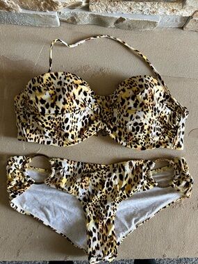 Victoria's Secret Leopard Print Bikini with Gold Ring Accent - Yellow & Black